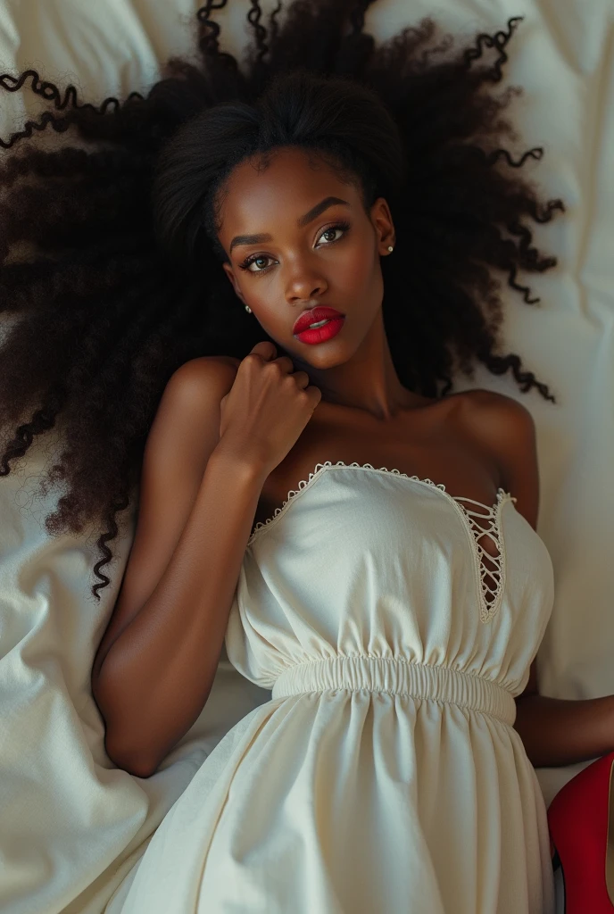 1 black girl with brown eyes, indigenous hair, full and red lips, long white dress without neckline in linen fabric, glare eyes, Red lips, long knee-length hair, Red High Heels, lying on your back with your face on your shoulder,
 