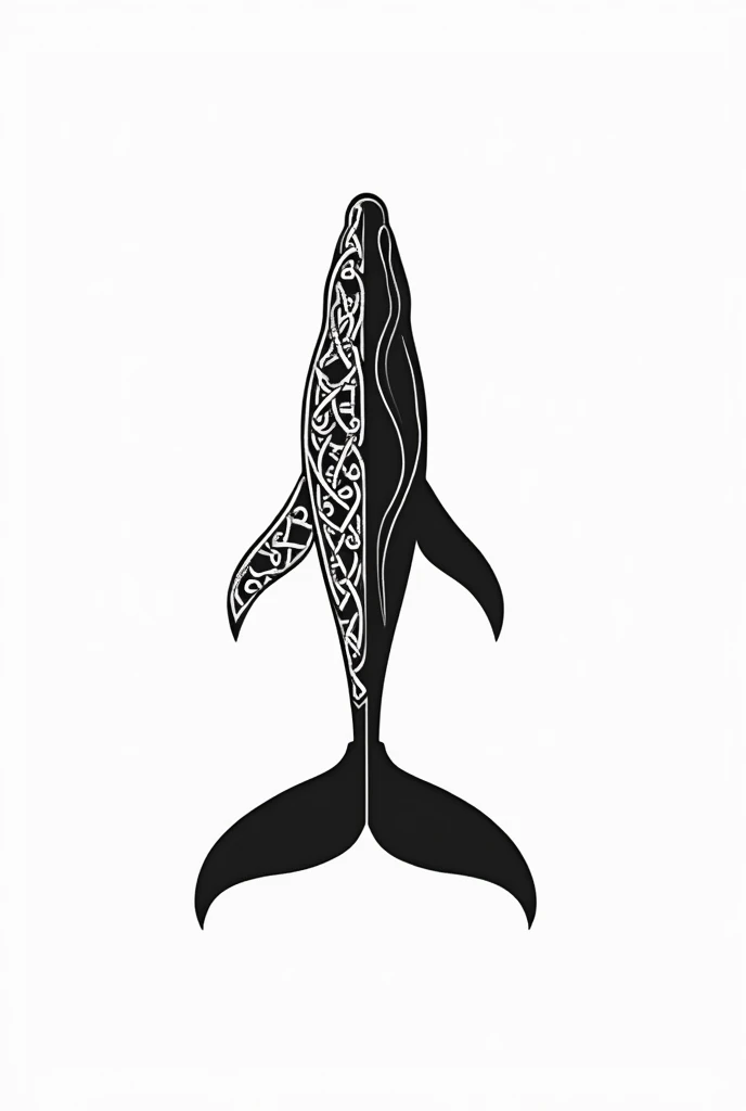 Dessin queue de baleine vu de dessus ligne claire et simple. A l'intérieur une moitié motifs Maori en aplats simple, écailles, l'autre moitié noeuds celtes, dessin viking, lignes claires visuel simple et lisible noir et blanc