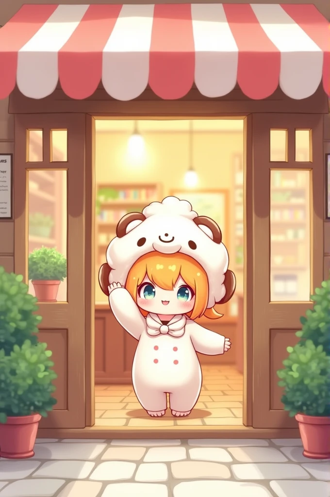 A character with fluffy hair and a cinnamon roll hat opening a cafe, cute digital art style. Just outlined.