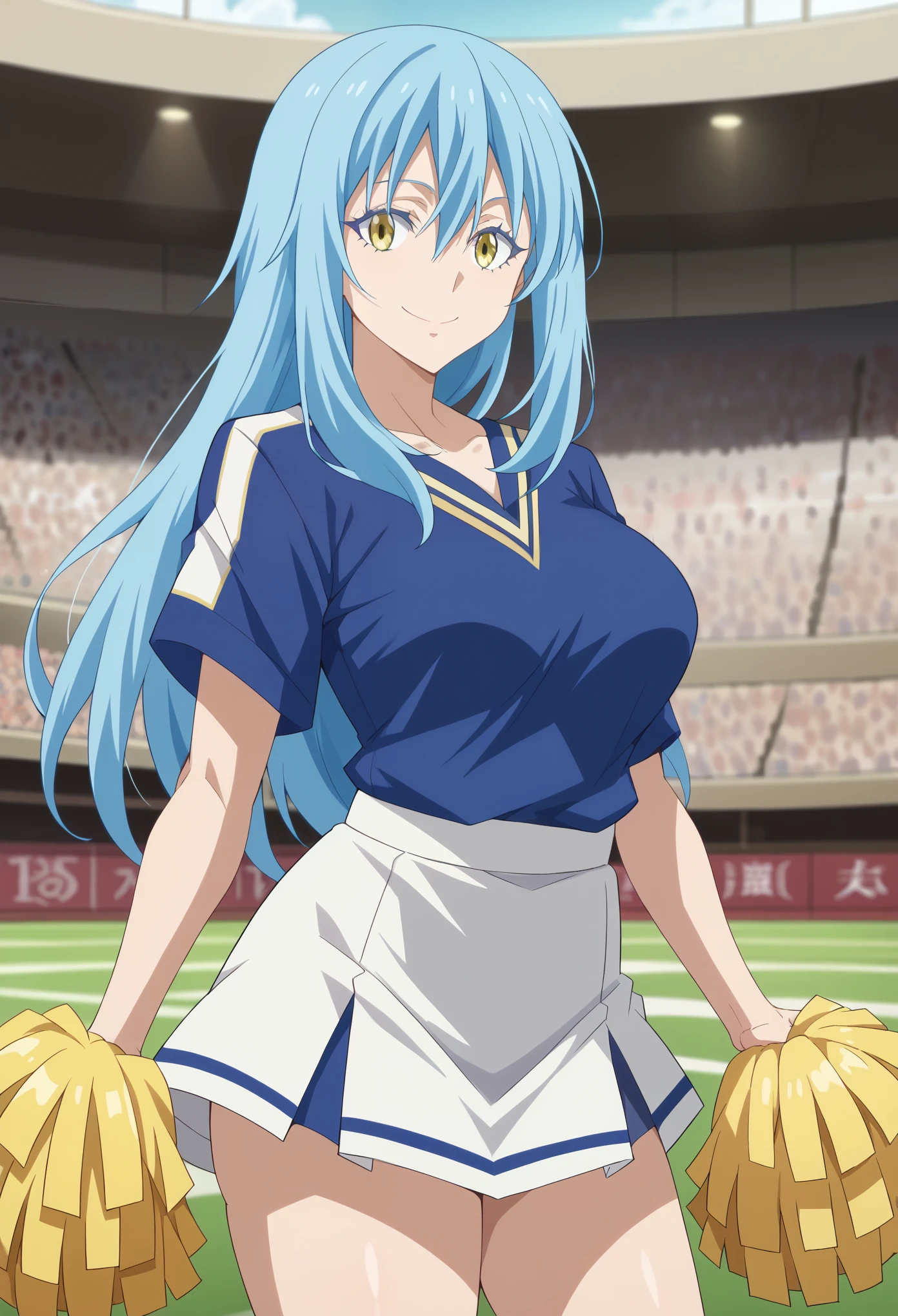 score_9, score_8_up, score_7_up, 1girl, solo, (mature:1.5),female focus, rimuru tempest, long hair, hair between eyes, blue hair, yellow eyes, cheerleader uniform, pom-poms, dark blue shirt, white skirt,breasts, smiling, standing, rised arms, bare legs, looking at you, coliseum