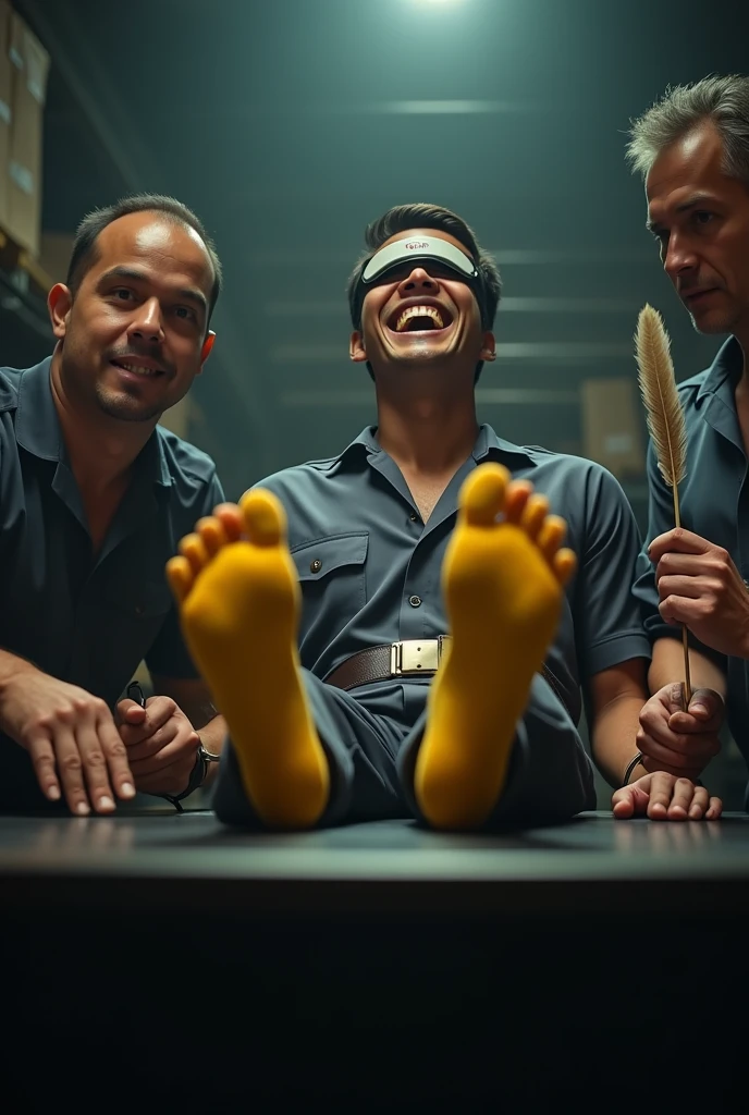 Malaysia malay handsome 22 years cabin crew
He laugh very hard
His hand tied up  in warehouse 
Blindfolded
Hand handcuff
Cabin Crew Outfit
feet on desk
feather duster
shoes on desk 
5 toes each feet 
Yellow sock
2 man holding feather  duster 
tickle steward feet

