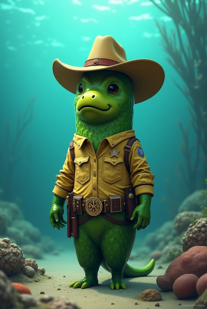 Vaquita marina in the shape of a pickle dressed as a sheriff on the ocean floor