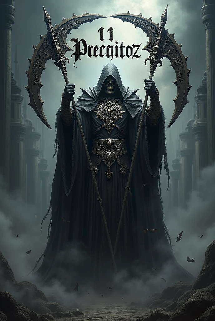 Make a realistic guild banner full of details with two death scythes with the overlord holding it and the name 11 Preceitoz written on it
