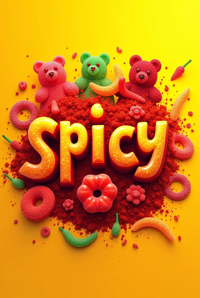 A fun and vibrant logo design for a spicy candy brand, featuring gummy candies covered in chili powder. The logo should include colorful gummy shapes like bears, worms, and rings, all with a dusting of red chili powder. The background is bright and festive with splashes of yellow and orange, evoking a sense of heat and spice. The brand name is written in bold, playful lettering with a fiery effect, emphasizing the spicy flavor of the candies. The overall design is energetic and eye-catching, appealing to a youthful audience.