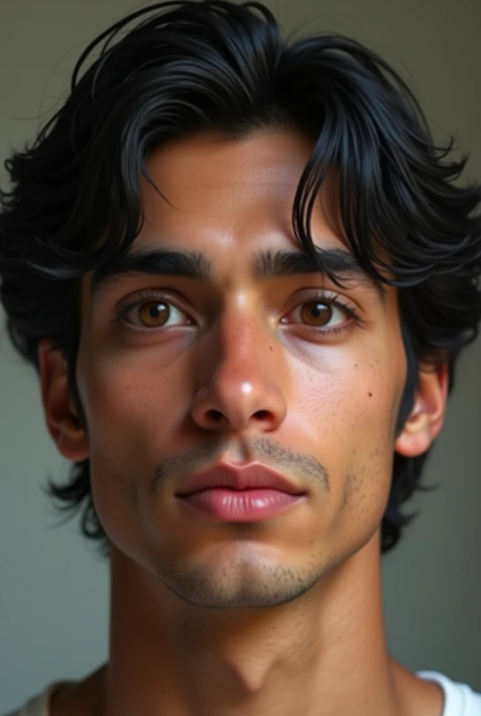 The Latin American man has a young and oval face, with subtly marked cheekbones that give balance to her expression. Her skin is light-toned and shows some acne marks on both cheeks., which are visible but not exaggerated, giving a natural and realistic look to your skin. His eyes are a dark brown color, a little torn and with a slightly almond shape. The character's gaze is serious and introspective, framed by straight eyebrows, Medium thickness, and well defined. The eyebrows are thick and placed in a way that enhances the intensity of her eyes., giving him a thoughtful expression. The nose is straight and thick , with a soft bridge and a slightly rounded tip, harmonizing well with the rest of your facial features. The lips are a little thick and well defined., with a slight natural curvature that gives it a neutral expression, neither smiling nor frowning. The upper lip is slightly thinner than the lower lip.. The hair is completely straight, of a dark black color, and long length. It falls naturally and a little messily on the forehead., lightly covering the eyebrows, and extends to just above the ears on the sides. The hair has a fine texture and a natural shine., with some strands falling over the forehead and this hairstyle is bookish. The jaw and chin are not marked.