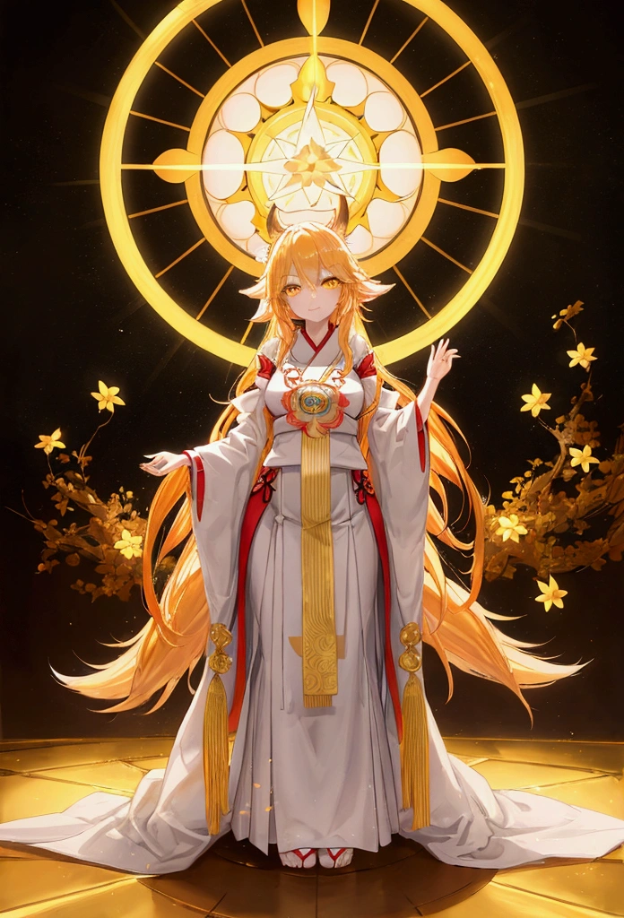 masterpiece, best quality, Anime ,HDR , a Golden Nine tailed Fox Woman milf Standing and Praying with bright yellow Star eyes Surround by light:1.2) Multi Colored Hair , miko cloth