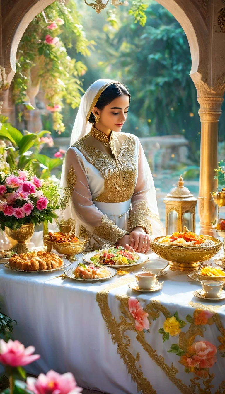 In a heavenly garden, Muslim men and women in traditional, modest Arabic attire are seated around a grand table overflowing with delicious foods and celestial beverages. The women are wearing beautiful headscarves, and everyone has large, magnificent wings in white and gold. The scene is set in a lush, ethereal paradise with soft, ambient lighting, surrounded by vibrant, blooming flowers and tranquil, heavenly scenery. The image should capture intricate details of the attire, food, and the serene atmosphere, creating a rich, divine, and visually stunning representation of paradise."The image is a young man