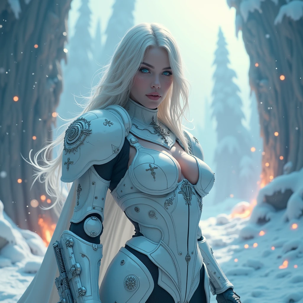 full body pose of a a beautiful woman shoting at the enemy with long platinum blonde hair, porcelain skin, ice blue eyes, sexy sisters of battle from the warhammer 40k, shooting at the enemy, rwhite space marine armor with intricate details, religous symbols on the armor, sisters of battle, warhammer 40k, Massive silicone breast, pale skin, seductive, temptation, eat your soul, clevage, , standing in a magical winter wonderland with snow-covered trees and frozen lakes, intricate ice crystals and snowflakes surrounding her, (best quality,4k,8k,highres,masterpiece:1.2),ultra-detailed,(realistic,photorealistic,photo-realistic:1.37),fantasy,digital art,cinematic lighting, highly detailed armor, intricate futuristic weaponry, gritty and realistic, mecha, science fiction, hyper-detailed, photorealistic, award winning digital art, 8k, HDR, masters work, in the middle of a battle field, full body combat action pose, explosions and fire around, full war, stunning, Stilleto heels, high heels, full body pose, cinematic, dust and debree, combat screams, attacking, shooting at the enemy, sisters of battle, warhammer 40kdramatic color palette,frozen landscape,ice powers,snow queen