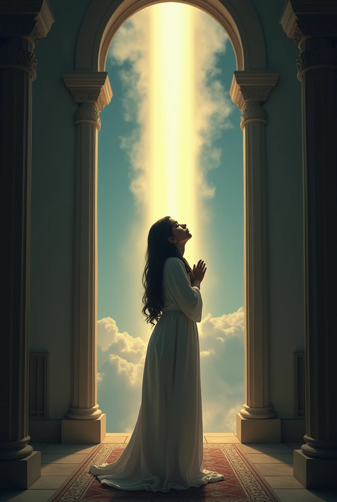 A young Jewish girl representing Esther in a room in the moonlight praying standing looking up at the sky from the sky a bright flash of light descending representing the power of God