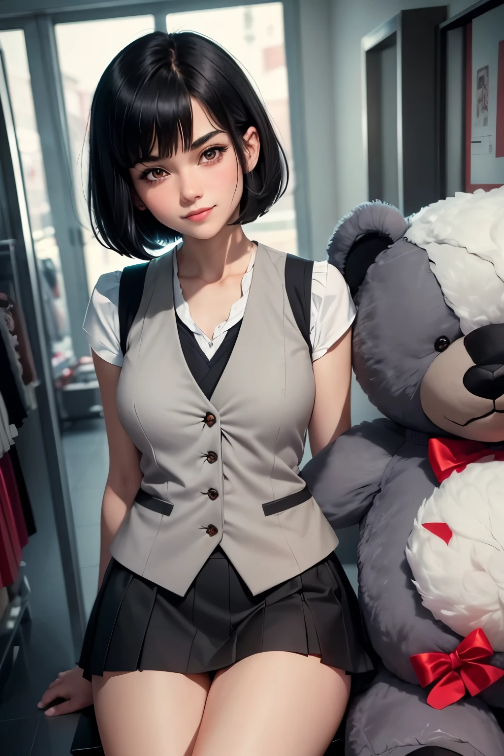 Graphic novel style, 1 stunningly beautiful college girl, caucasian, smiling, blushing, short black hair, bob cut, wearing a Japanese school uniform, red eyes, 1, ((short black skirt)), toned legs, red bow, ((light gray closed vest)), cradling a ((fluffy black teddy bear)) sitting, in store,