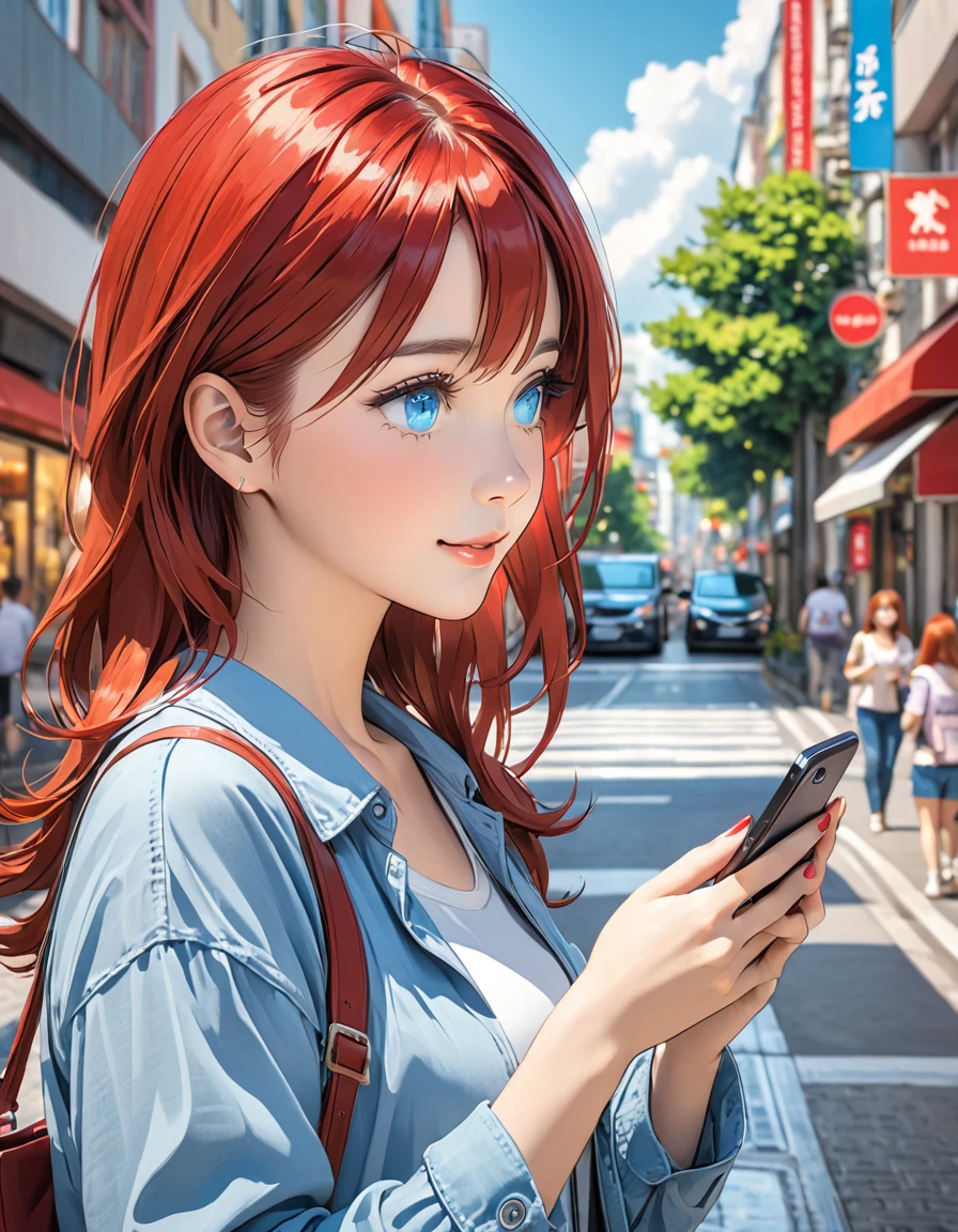 meeting, woman, casual wear, touching smartphone, looking at smartphone, city, red hair and blue eyes