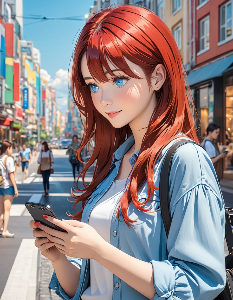 meeting, woman, casual wear, touching smartphone, looking at smartphone, city, red hair and blue eyes