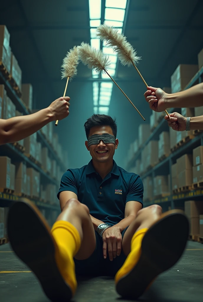 Malaysia malay handsome 22 years cabin crew
He laugh very hard
His hand tied up  in warehouse 
Blindfolded
Hand handcuff
Cabin Crew Outfit
feet on desk
feather duster
shoes on desk 
Yellow sock
2 man holding feather  duster 
tickle steward feet
