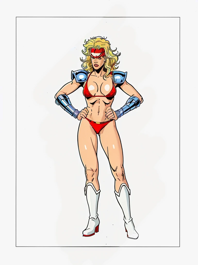 warrioress,blonde,red boots,red bikini red shoulder pads,karate headband, high resolution, precise, best qualityer,