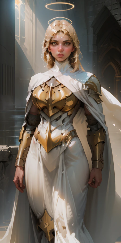 A majestic paladin, bathed in ethereal light, stands tall against a dark backdrop. Her flowing white cape and ornate golden armor create a striking silhouette. A halo of light surrounds her head, and her gaze is fixed on the viewer, her fingers crossed in a gesture of faith and strength.