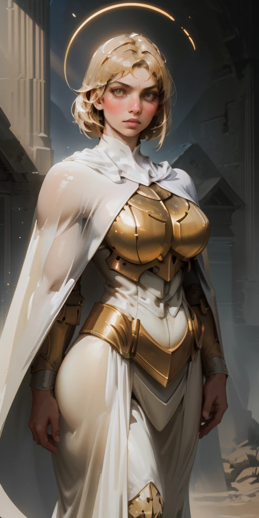A majestic paladin, bathed in ethereal light, stands tall against a dark backdrop. Her flowing white cape and ornate golden armor create a striking silhouette. A halo of light surrounds her head, and her gaze is fixed on the viewer, her fingers crossed in a gesture of faith and strength.