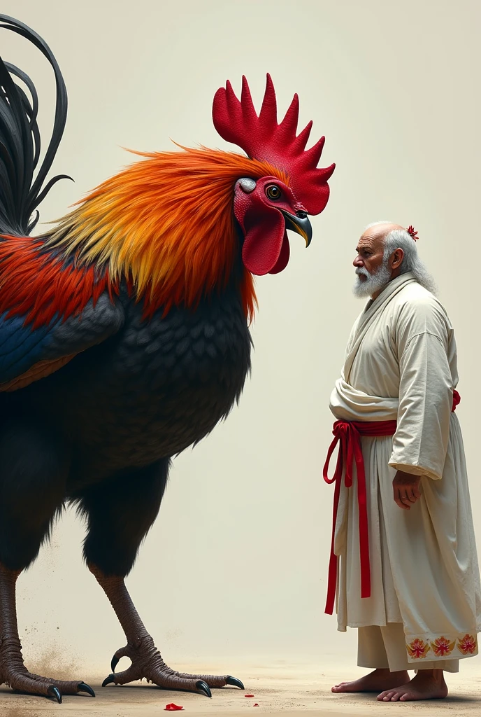 a strong rooster with muscles and imposing vengeance facing an old man with white clothes and red details without symbol