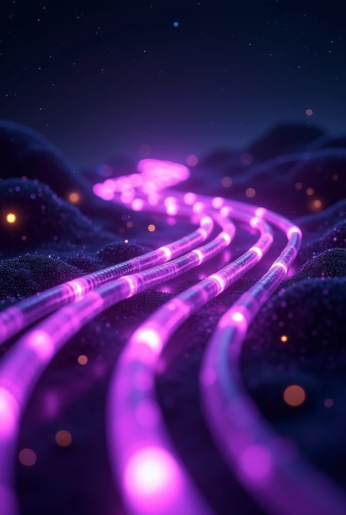 Creates an image that resembles a connection between fiber optic internet cables and has purple colors, black background and be very modern. I want very little gold and blue. Make it as if it were a fiber optic path in the middle of the space