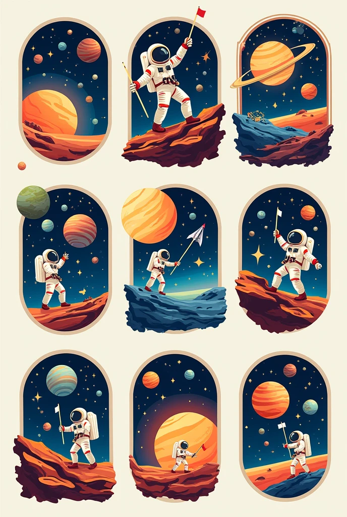 Create multiple astronomy themed badge references, with images of the solar system, with astronaut characters and everything else related to caraxá