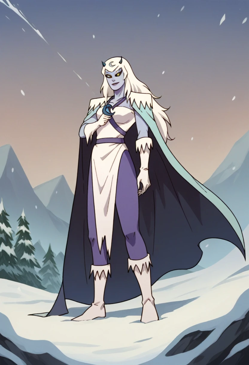 score_9, score_8_up, score_7_up, score_6_up, score_5_up, score_4_up, chilla, thundercats, icicles, standing, cape, smile, colored skin, white hair, long hair, solo, gloves, black sclera, yellow eyes,  score_9, source_anime, snow outside 