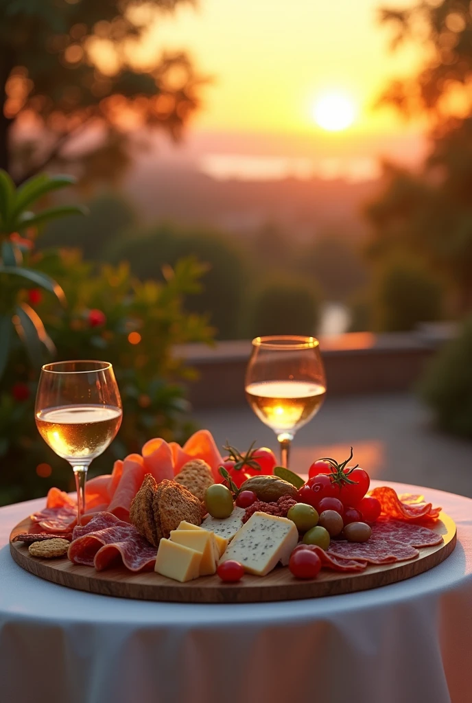 (photorealism:1.2), plateau de charcuterie sur une table extérieure, coucher de soleil