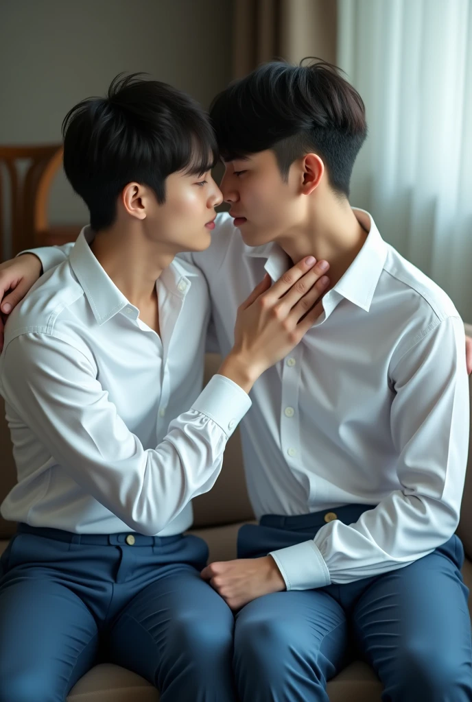 8k, detailed, digital photography, 2boys, two young people in a loving moment, kissing, Koreans, Both are wearing a white dress shirt and blue dress pants, the boy who is sitting on the other's lap has his hand on his face, both on the couch.