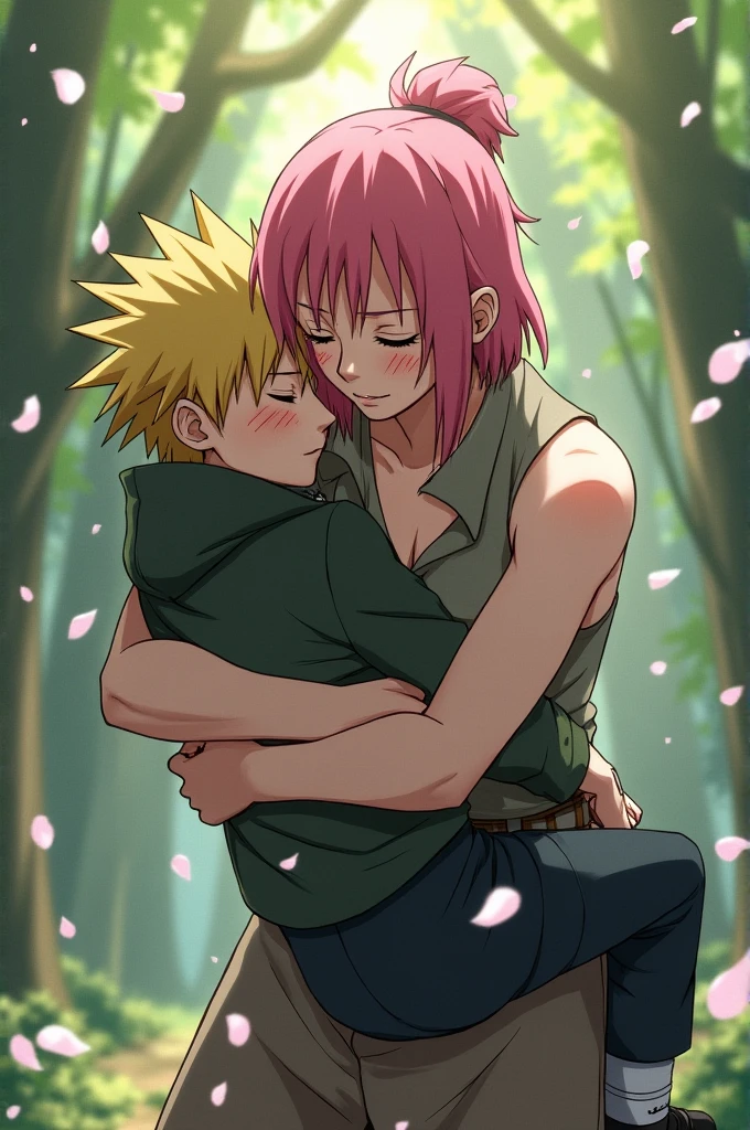 Sakura Haruno lifting and carrying Naruto uzumaki up in her arms 