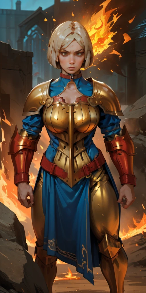 A confident paladin warrior, her short hair styled in a stylish bob, strikes a commanding pose. Dressed in gleaming gold armor, she stands with her hands on her hips, her feet planted firmly. A leather choker adorns her neck, and her eyes burn with a fiery intensity.