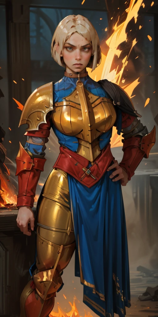 A confident paladin warrior, her short hair styled in a stylish bob, strikes a commanding pose. Dressed in gleaming gold armor, she stands with her hands on her hips, her feet planted firmly. A leather choker adorns her neck, and her eyes burn with a fiery intensity.