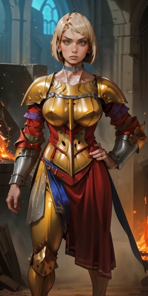 A confident paladin warrior, her short hair styled in a stylish bob, strikes a commanding pose. Dressed in gleaming gold armor, she stands with her hands on her hips, her feet planted firmly. A leather choker adorns her neck, and her eyes burn with a fiery intensity.