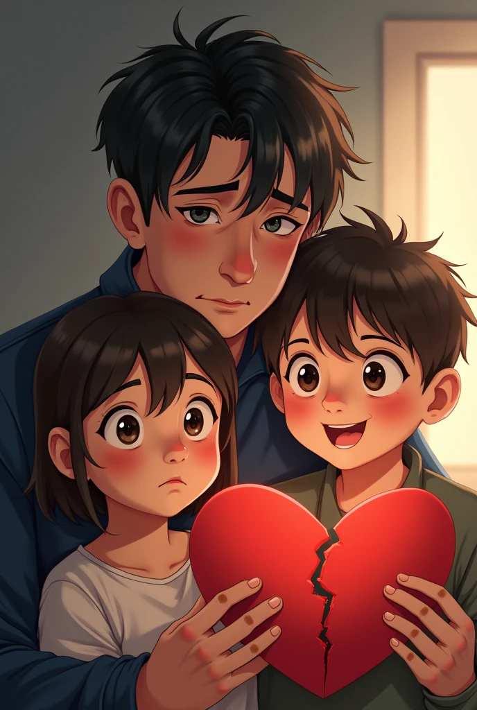 a man with a sad face holding a heart envelope with a crack and a girl with a happy boy.