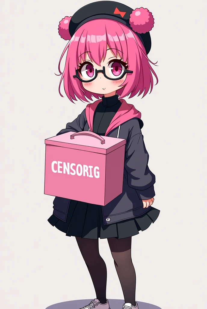that she has a chest disease that is extremely daring, that she has pink hair, a black beret with pompoms, black glasses, pink eyes, an extremely blush, a pink censorship box, a short black skirt, black stockings, white sneakers, and that she is a girl