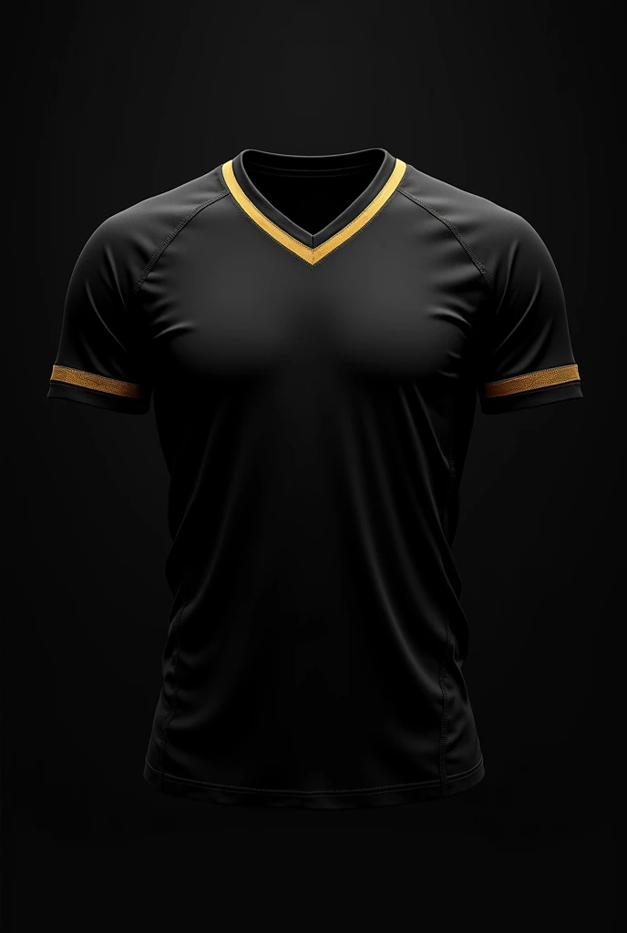team t-shirt with black background, v-neck , with gold details on the ends,