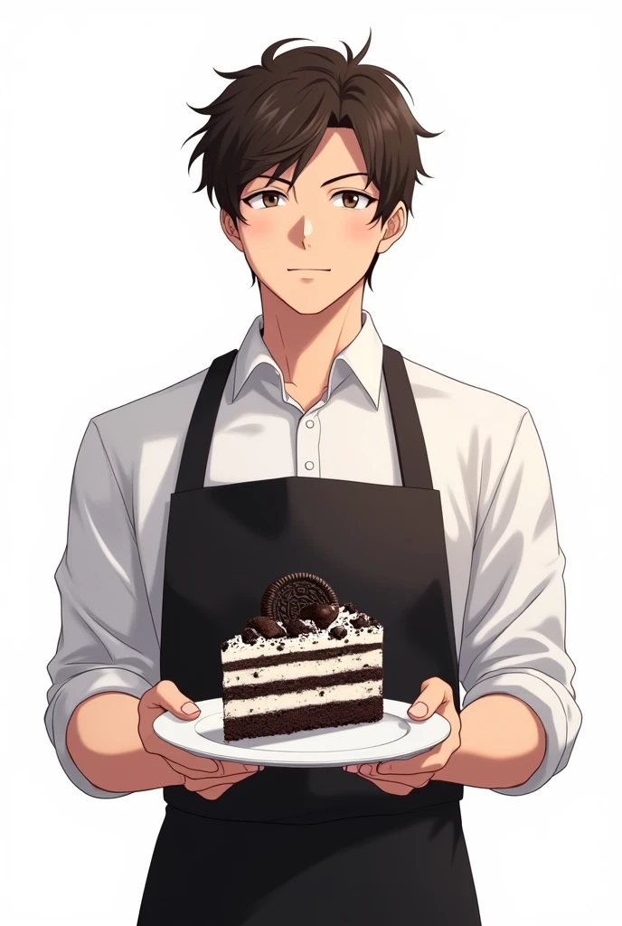 Man wearing a black apron holding a plate with oreo cake anime white background