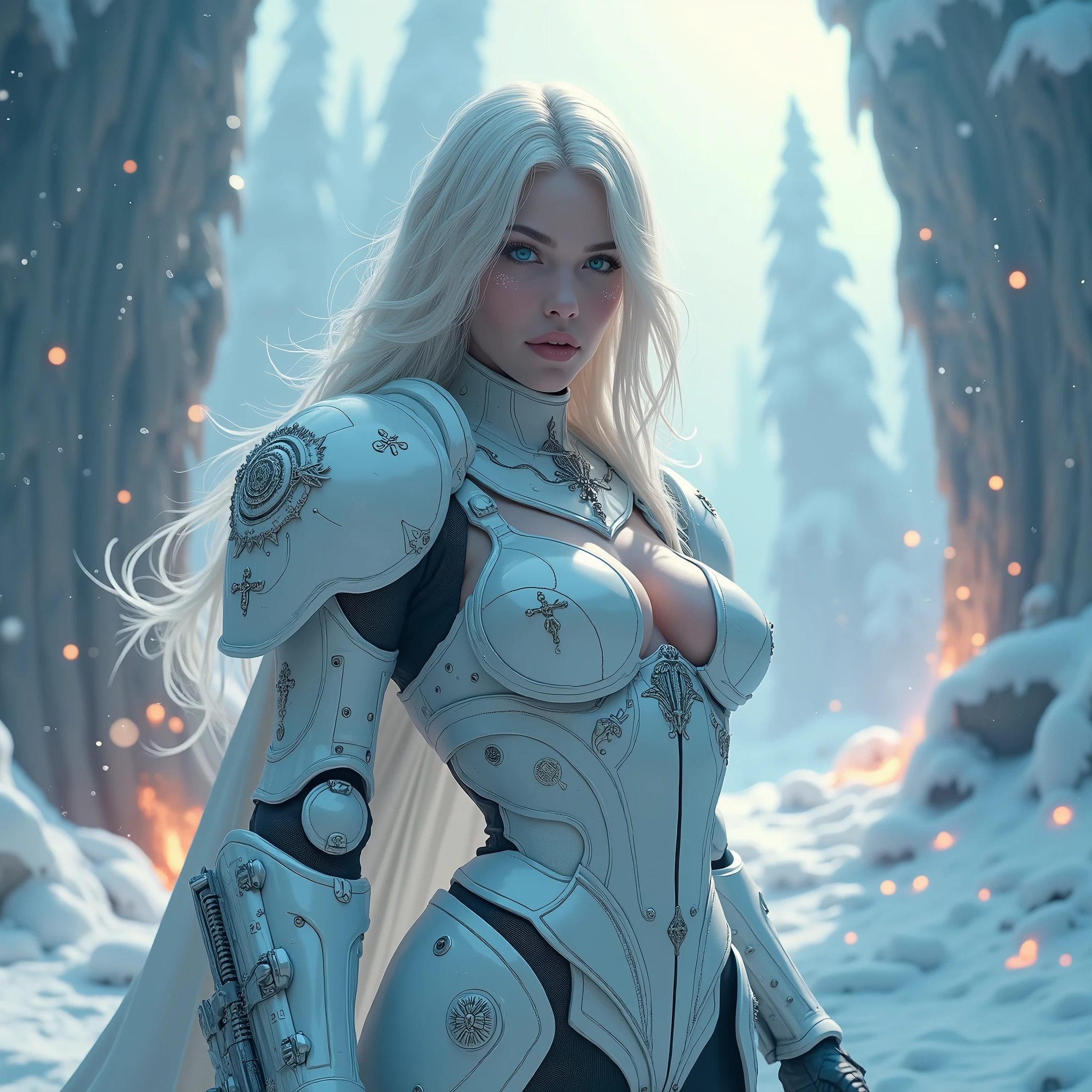 full body pose of a a beautiful woman shoting at the enemy with long platinum blonde hair, porcelain skin, ice blue eyes, sexy sisters of battle from the warhammer 40k, shooting at the enemy, rwhite space marine armor with intricate details, religous symbols on the armor, sisters of battle, warhammer 40k, Massive silicone breast, pale skin, seductive, temptation, eat your soul, clevage, , standing in a magical winter wonderland with snow-covered trees and frozen lakes, intricate ice crystals and snowflakes surrounding her, (best quality,4k,8k,highres,masterpiece:1.2),ultra-detailed,(realistic,photorealistic,photo-realistic:1.37),fantasy,digital art,cinematic lighting, highly detailed armor, intricate futuristic weaponry, gritty and realistic, mecha, science fiction, hyper-detailed, photorealistic, award winning digital art, 8k, HDR, masters work, in the middle of a battle field, full body combat action pose, explosions and fire around, full war, stunning, Stilleto heels, high heels, full body pose, cinematic, dust and debree, combat screams, attacking, shooting at the enemy, sisters of battle, warhammer 40kdramatic color palette,frozen landscape,ice powers,snow queen