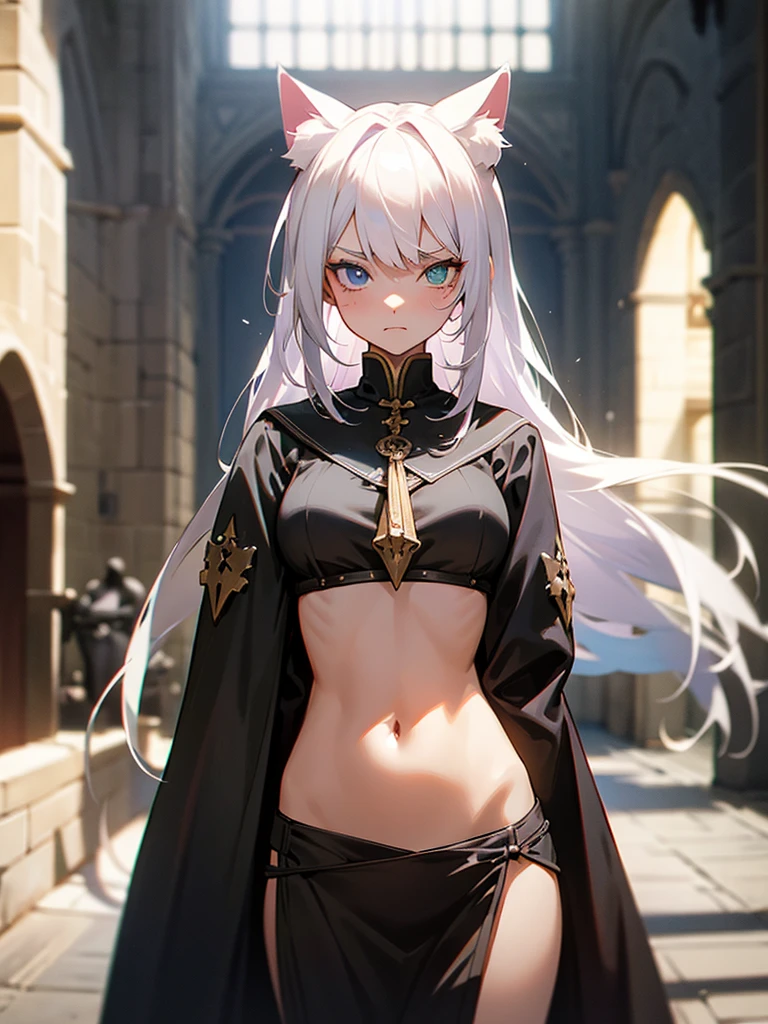 Heterochromatic students with serious look cat ears white hair defined abdomen with medieval style clothing with modern details showing defined abdomen best quality and best effects best shadows best lighting 8k