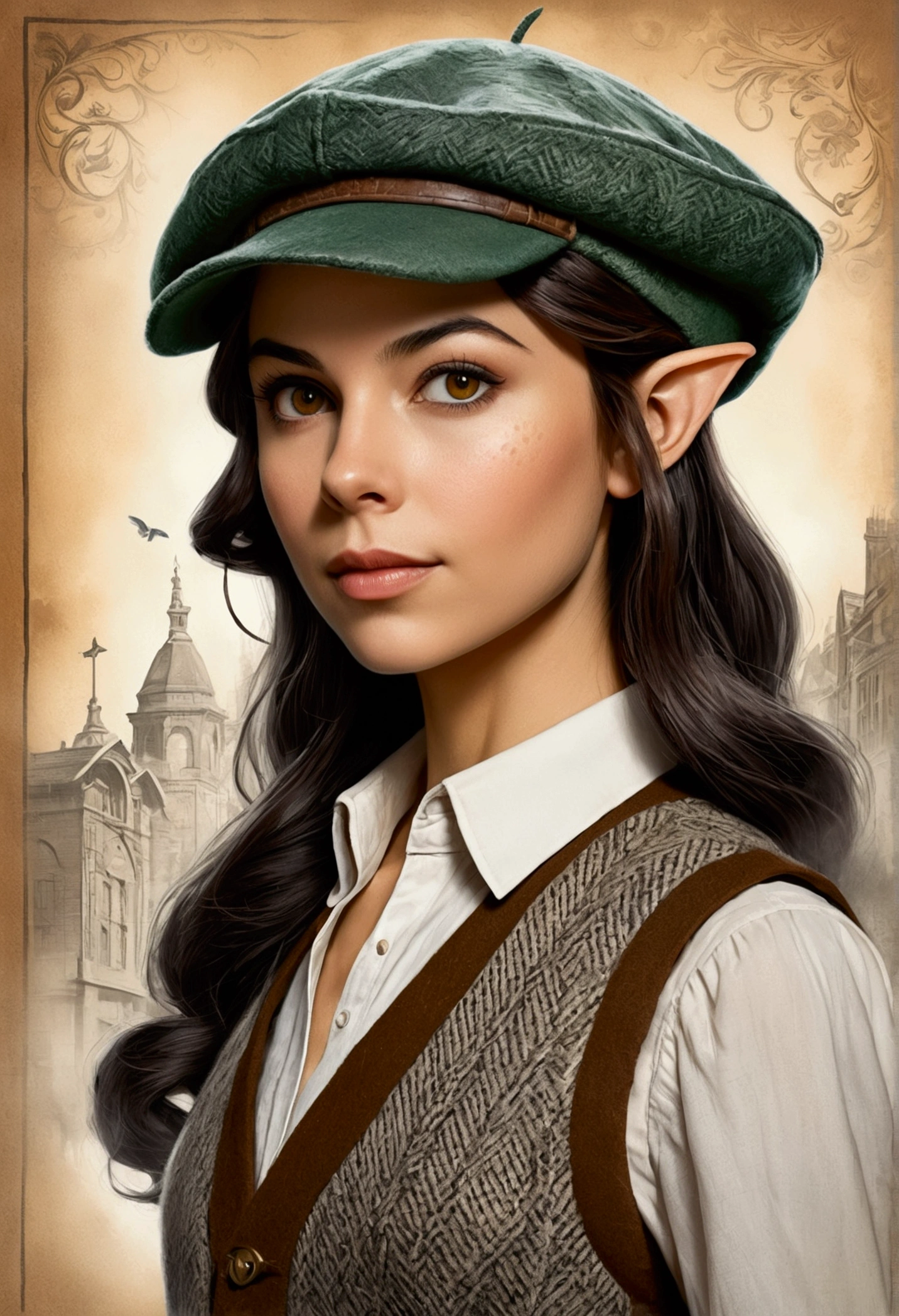 An illustrated movie poster, hand-drawn, full color, an elven maiden, wearing a tweed vest and a newsie cap, tall, toned, amazonian stature, athletic hourglass figure, long pointy elf ears, Jade eyes, dark hair, shaggy bob cut, deep sun-tanned skintone, freckles, resembles Victoria Justice, standing on a foggy Victorian-era street corner, graphite shading, stencil marks, airbrushed acrylic paint, masterpiece, in the style of Sherlock Holmes, elf ears