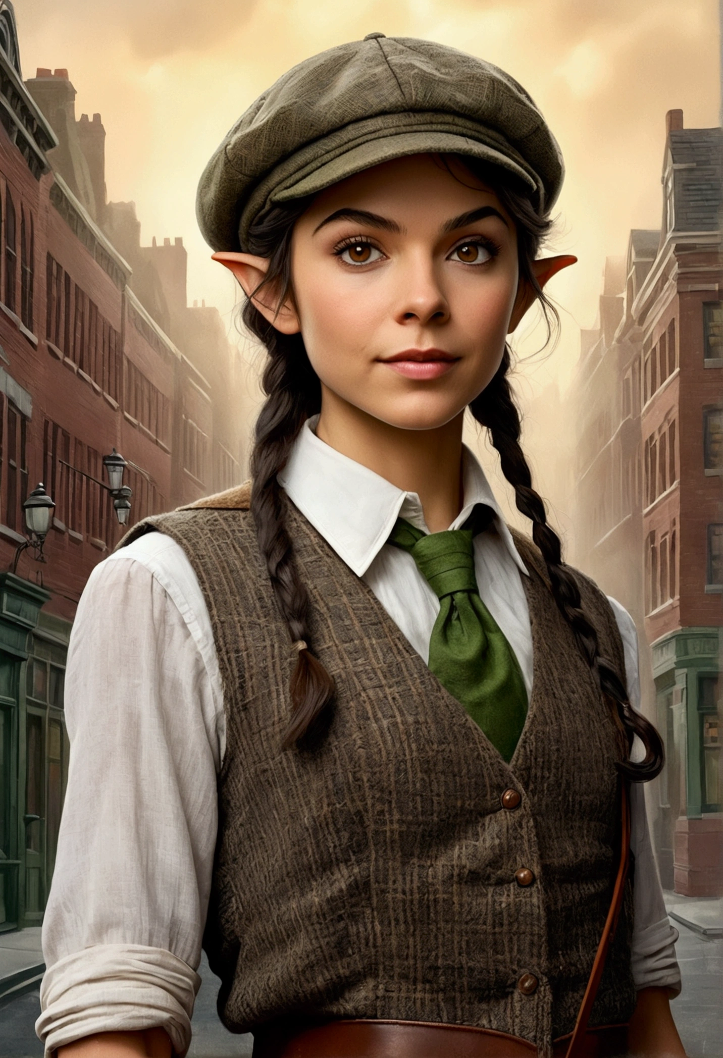 An illustrated movie poster, hand-drawn, full color, an elven maiden, wearing a tweed vest and a newsie cap, tall, toned, amazonian stature, athletic hourglass figure, long pointy elf ears, Jade eyes, dark hair, shaggy bob cut, deep sun-tanned skintone, freckles, resembles Victoria Justice, standing on a foggy Victorian-era street corner, graphite shading, stencil marks, airbrushed acrylic paint, masterpiece, in the style of Sherlock Holmes, elf ears