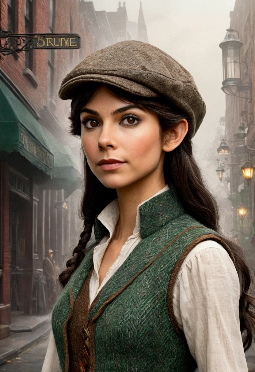 An illustrated movie poster, hand-drawn, full color, an elven maiden, wearing a tweed vest and a newsie cap, tall, toned, amazonian stature, athletic hourglass figure, long pointy elf ears, Jade eyes, dark hair, shaggy bob cut, deep sun-tanned skintone, freckles, resembles Victoria Justice, standing on a foggy Victorian-era street corner, graphite shading, stencil marks, airbrushed acrylic paint, masterpiece, in the style of Sherlock Holmes, elf ears