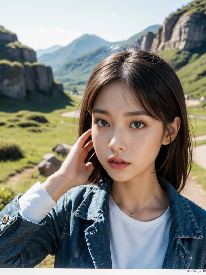 ((Top Quality)), ((Masterpiece)), ((Details)), upper body, (big eyes: 1.2), ((close-up: 1.2)), More Saturation, strong reflections, bright shade, Place the girl in the foreground at large, ((Surrealism: 1.1)), Treasure map, rocky hill, owl, girl, "A girl unfolds an ancient treasure map atop a rugged mountain, the wind whipping through her hair. An owl circles overhead, its sharp eyes scanning the rocky terrain, guiding her towards the hidden treasure that lies beneath."