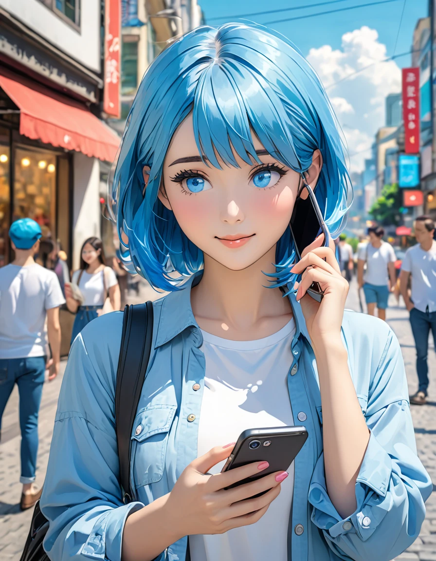 meeting, woman, casual wear, touching smartphone, looking at smartphone, city, Blue hair and blue eyes