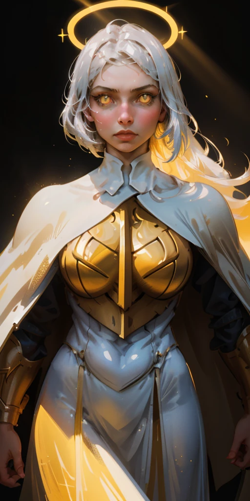 A powerful paladin lady with shimmering white silver hair and glowing yellow eyes stands tall in ornate golden armor. Her cape billows dramatically against a black background, and a halo of light surrounds her head. She gazes directly at the viewer, her fingers crossed confidently.
