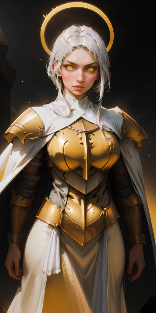 A powerful paladin lady with shimmering white silver hair and glowing yellow eyes stands tall in ornate golden armor. Her cape billows dramatically against a black background, and a halo of light surrounds her head. She gazes directly at the viewer, her fingers crossed confidently.