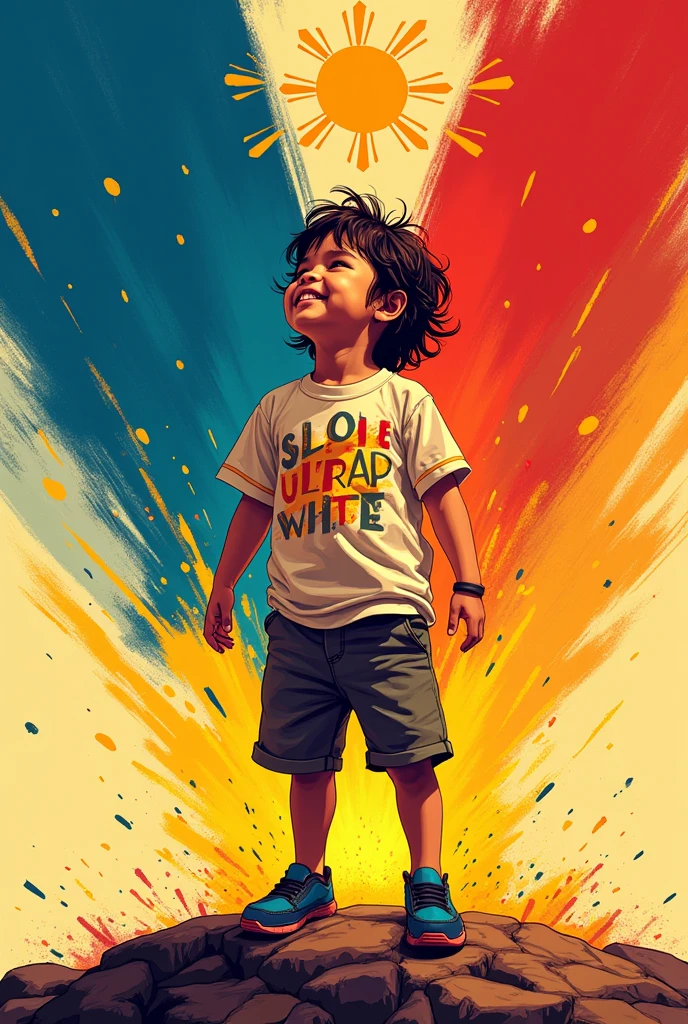 Create a simple drawn poster with the theme: Wikang Filipino: Wikang Mapagpalaya. Incorporate a Filipino kid and the Philippine flag. It should be about Filipino language