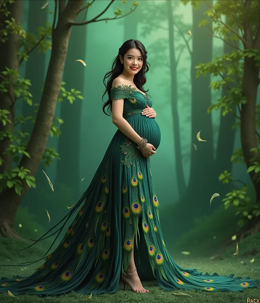 pregnant woman in peacock dress posing for a picture in a green background, a picture inspired by Ju Lian, trending on cg society, art photography, maternal photography 4 k, full body photoshoot, full body portrait shot, pregnant belly, full body pose, full body photograph, in green forest, green feathers, nature goddess, full body portrait posing, fantasy photoshoot