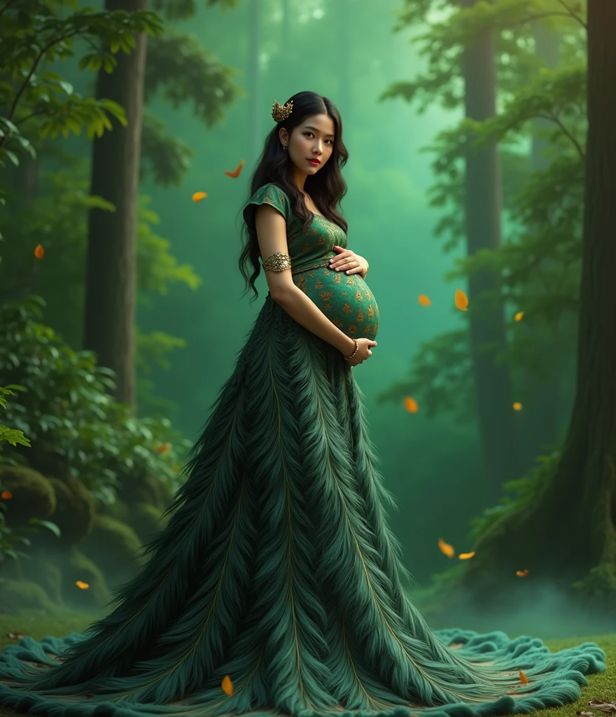 pregnant woman in peacock dress posing for a picture in a green background, a picture inspired by Ju Lian, trending on cg society, art photography, maternal photography 4 k, full body photoshoot, full body portrait shot, pregnant belly, full body pose, full body photograph, in green forest, green feathers, nature goddess, full body portrait posing, fantasy photoshoot