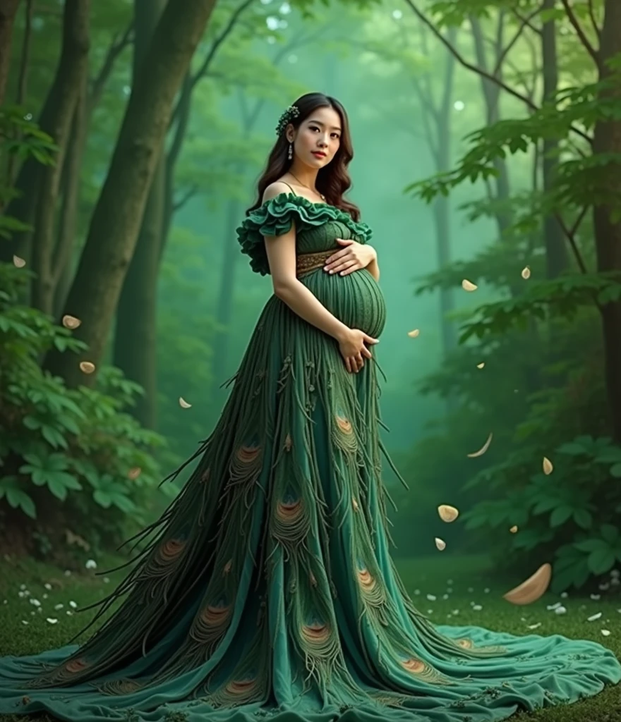 pregnant woman in peacock dress posing for a picture in a green background, a picture inspired by Ju Lian, trending on cg society, art photography, maternal photography 4 k, full body photoshoot, full body portrait shot, pregnant belly, full body pose, full body photograph, in green forest, green feathers, nature goddess, full body portrait posing, fantasy photoshoot