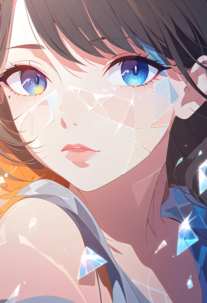 A close-up portrait of a woman's face in a mosaic collage style. The woman is facing forward symmetrically with her blue eyes being the most detailed, making direct contact with the viewer. Her skin is depicted with warm tones of orange and brown, contrasting with cool tones of blue and gray in the shards. The geometric shapes composing her face resemble shattered glass or tiles, with dynamic textures and varied colors. Her lips are slightly parted, in a soft pink hue, adding a natural touch to the abstract and angular composition.