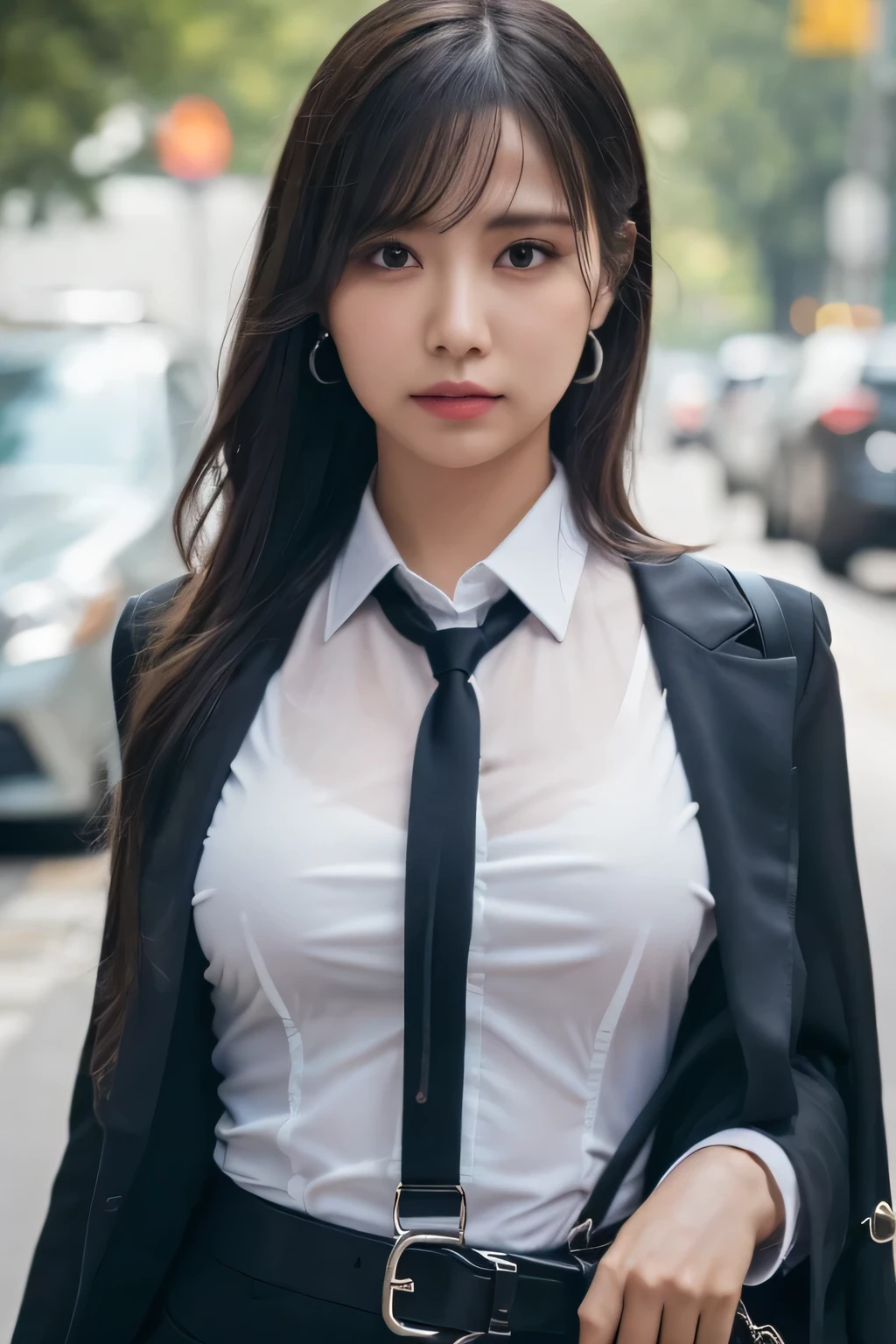 a woman in a suit, belt, hands behind back, sweating, suspenders, black pants, sexly, large breasts, see-through clothing, rain, detective, office worker, white button-up shirt, (best quality,4K,8k,highres,masterpiece:1.2),ultra-detailed,(realistic,photorealistic,photo-realistic:1.37),hyper-detailed,highly detailed face and body, Slender　thin　suspenders　Moderate breasts　See-through shirt　Nipples　holster　chain　Pistol　Armament　criminal　Female criminal　knife