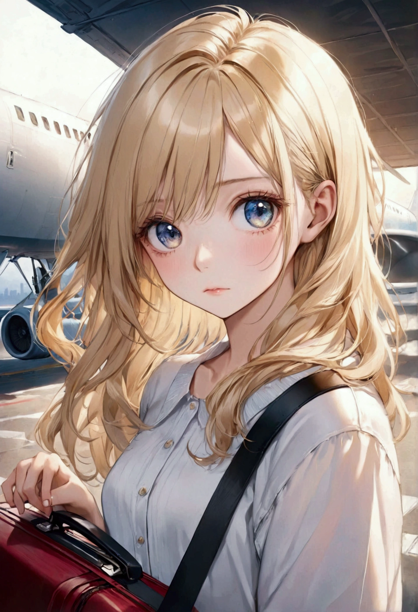 Femme debout prés d'un avion, avec sa valise, prise en photo avec sa copine brune, Sydney Sweeney, beautiful jeune fille blonde, Jolie jeune femme, long cheveux blonds et grands yeux, cheveux blonds et grands yeux, fille attirante, une belle femme, une fille aux cheveux blonds, femme splendide, a Jolie jeune femme, belle femme blonde, jolie femme, magnifique femme, jeune fille blonde,portrait numérique, portrait d'art numérique, style artistique réalisme, portrait de haute qualité, 🤤 portrait de fille, style artistique réaliste, # 1 peinture numérique de tous les temps, #1 peinture numérique de tous les temps, peinture numérique brillante